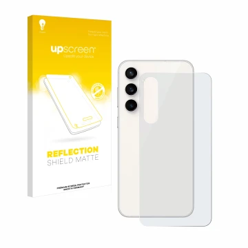 Vorderseite einer Produktverpackung mit dem Markenlogo upscreen. Daneben ist das Gerät Samsung Galaxy S23 FE (Rückseite) mit d