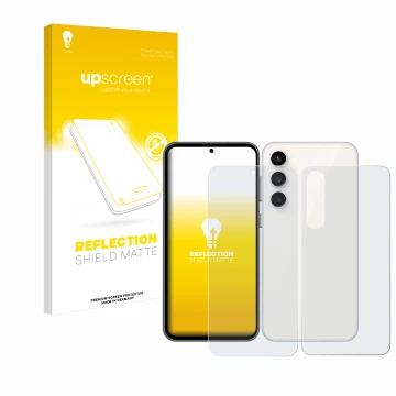 Vorderseite einer Produktverpackung mit dem Markenlogo upscreen. Daneben ist das Gerät Samsung Galaxy S23 FE (Display+Rückseit