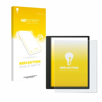 Vorderseite einer Produktverpackung mit dem Markenlogo upscreen. Daneben ist das Gerät Boox Tab Ultra C mit dem zugehörigen Di