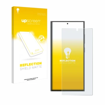 Vorderseite einer Produktverpackung mit dem Markenlogo upscreen. Daneben ist das Gerät Samsung Galaxy S24 Ultra (case-friendly