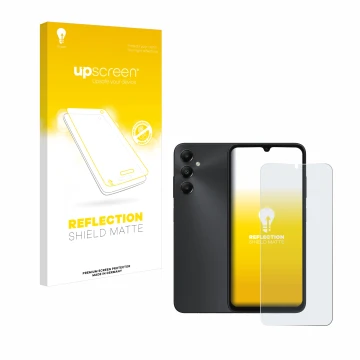 Vorderseite einer Produktverpackung mit dem Markenlogo upscreen. Daneben ist das Gerät Samsung Galaxy A05s mit dem zugehörigen