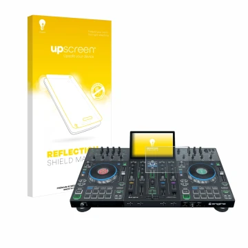 Vorderseite einer Produktverpackung mit dem Markenlogo upscreen. Daneben ist das Gerät Denon DJ Prime 4+ mit dem zugehörigen D
