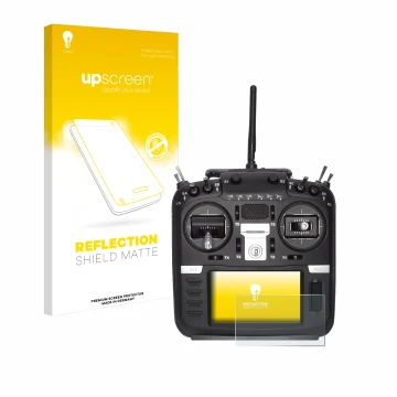 Vorderseite einer Produktverpackung mit dem Markenlogo upscreen. Daneben ist das Gerät Radiomaster TX16S Mark II mit dem zugeh