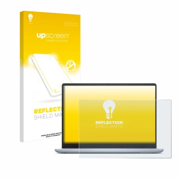 Vorderseite einer Produktverpackung mit dem Markenlogo upscreen. Daneben ist das Gerät Dell Inspiron 14 Plus 7440 Laptop mit d