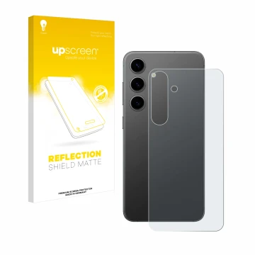 Vorderseite einer Produktverpackung mit dem Markenlogo upscreen. Daneben ist das Gerät Samsung Galaxy S24 Plus (Rückseite) mit