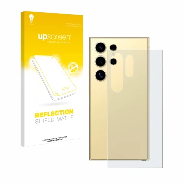 Vorderseite einer Produktverpackung mit dem Markenlogo upscreen. Daneben ist das Gerät Samsung Galaxy S24 Ultra (Rückseite) mi