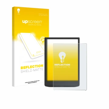 Vorderseite einer Produktverpackung mit dem Markenlogo upscreen. Daneben ist das Gerät Vivlio InkPad 4 mit dem zugehörigen Dis