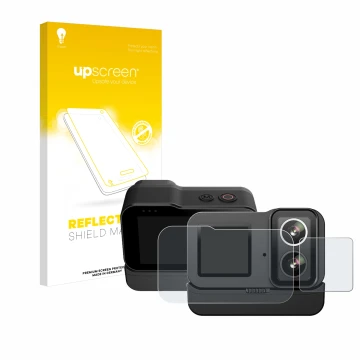 Vorderseite einer Produktverpackung mit dem Markenlogo upscreen. Daneben ist das Gerät SJCAM SJ20 Dual Lens mit dem zugehörige