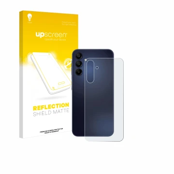 Vorderseite einer Produktverpackung mit dem Markenlogo upscreen. Daneben ist das Gerät Samsung Galaxy A15 5G (Rückseite) mit d
