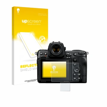 Vorderseite einer Produktverpackung mit dem Markenlogo upscreen. Daneben ist das Gerät Nikon Z 8 (Display + Schulterdisplay) m