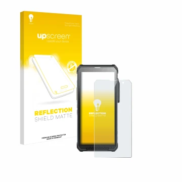 Vorderseite einer Produktverpackung mit dem Markenlogo upscreen. Daneben ist das Gerät RugGear RG880 mit dem zugehörigen Displ