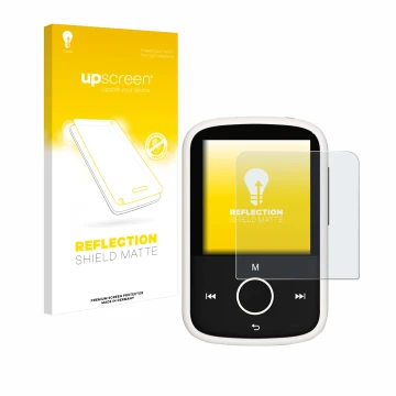 Vorderseite einer Produktverpackung mit dem Markenlogo upscreen. Daneben ist das Gerät Majority MP3 16GB mit dem zugehörigen D