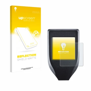 Vorderseite einer Produktverpackung mit dem Markenlogo upscreen. Daneben ist das Gerät Trezor Model T mit dem zugehörigen Disp