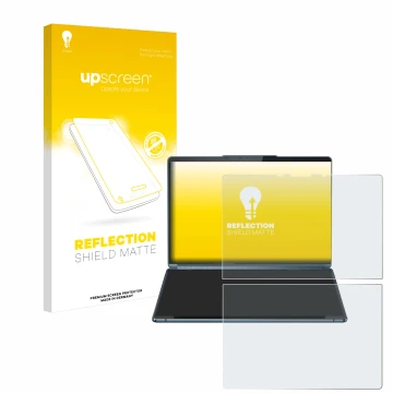 Vorderseite einer Produktverpackung mit dem Markenlogo upscreen. Daneben ist das Gerät Lenovo Yoga Book 9i Gen 9 mit dem zugeh