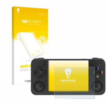 Vorderseite einer Produktverpackung mit dem Markenlogo upscreen. Daneben ist das Gerät Anbernic RG35XX H mit dem zugehörigen D