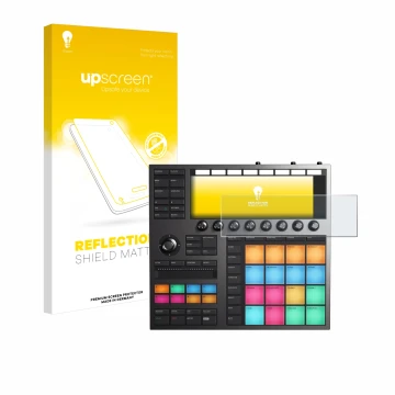 Vorderseite einer Produktverpackung mit dem Markenlogo upscreen. Daneben ist das Gerät Native Instruments Maschine + mit dem z