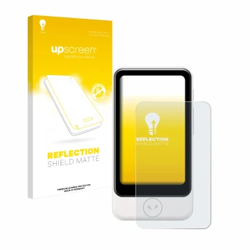 Vorderseite einer Produktverpackung mit dem Markenlogo upscreen. Daneben ist das Gerät Pocketalk Plus mit dem zugehörigen Disp