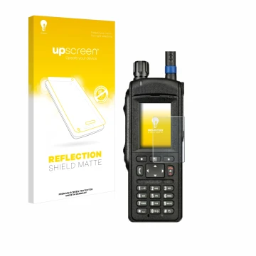 Vorderseite einer Produktverpackung mit dem Markenlogo upscreen. Daneben ist das Gerät Motorola MTP6650 mit dem zugehörigen Di