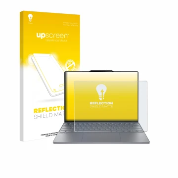 Vorderseite einer Produktverpackung mit dem Markenlogo upscreen. Daneben ist das Gerät Lenovo ThinkBook 13x Gen 4 mit dem zuge