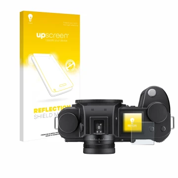 Vorderseite einer Produktverpackung mit dem Markenlogo upscreen. Daneben ist das Gerät Leica SL3 (Schulterdisplay) mit dem zug