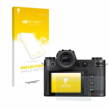 Vorderseite einer Produktverpackung mit dem Markenlogo upscreen. Daneben ist das Gerät Leica SL3 (Display + Schulterdisplay) m