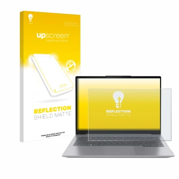 Vorderseite einer Produktverpackung mit dem Markenlogo upscreen. Daneben ist das Gerät Lenovo ThinkBook 16 Gen 6 mit dem zugeh