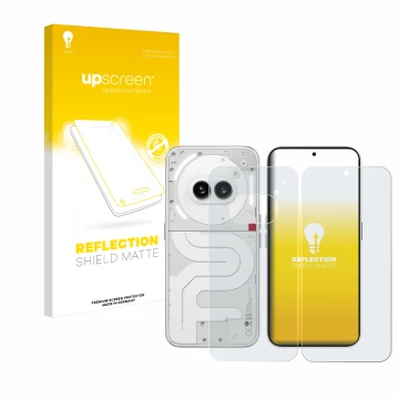 Vorderseite einer Produktverpackung mit dem Markenlogo upscreen. Daneben ist das Gerät Nothing Phone (2a) (Display+Rückseite) 