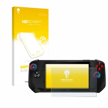 Vorderseite einer Produktverpackung mit dem Markenlogo upscreen. Daneben ist das Gerät MSI Claw A1M mit dem zugehörigen Displa