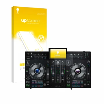 Vorderseite einer Produktverpackung mit dem Markenlogo upscreen. Daneben ist das Gerät Denon DJ Prime 2 mit dem zugehörigen Di