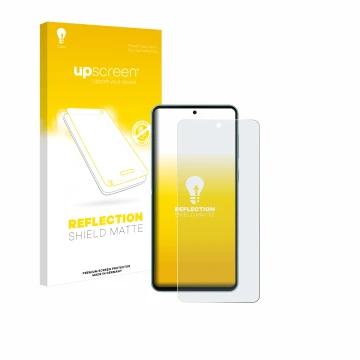 Vorderseite einer Produktverpackung mit dem Markenlogo upscreen. Daneben ist das Gerät Samsung Galaxy M55 mit dem zugehörigen 