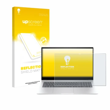 Vorderseite einer Produktverpackung mit dem Markenlogo upscreen. Daneben ist das Gerät HP Envy 17 2024 mit dem zugehörigen Dis