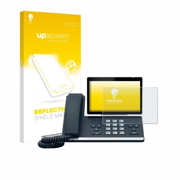 Vorderseite einer Produktverpackung mit dem Markenlogo upscreen. Daneben ist das Gerät Yealink SIP-T57W mit dem zugehörigen Di