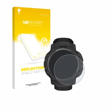 Vorderseite einer Produktverpackung mit dem Markenlogo upscreen. Daneben ist das Gerät Garmin Instinct Crossover Solar mit dem
