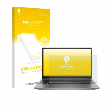 Vorderseite einer Produktverpackung mit dem Markenlogo upscreen. Daneben ist das Gerät HP Zbook Power 15 G10 mit dem zugehörig