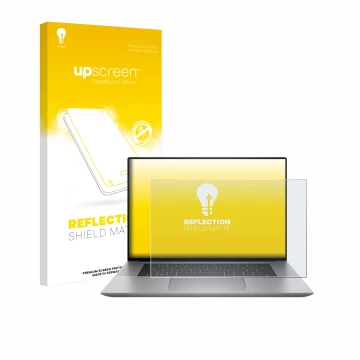 Vorderseite einer Produktverpackung mit dem Markenlogo upscreen. Daneben ist das Gerät HP Zbook Studio 16 G10 mit dem zugehöri