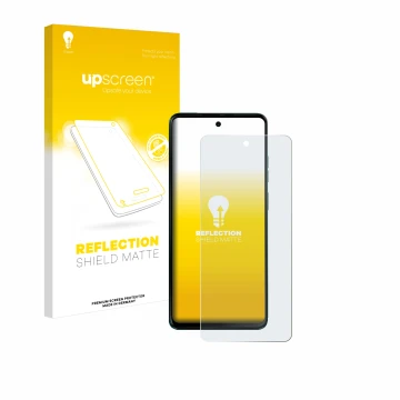 Vorderseite einer Produktverpackung mit dem Markenlogo upscreen. Daneben ist das Gerät Motorola Moto G04s mit dem zugehörigen 