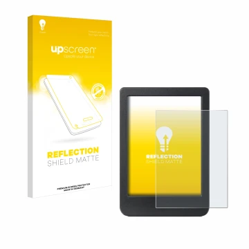 Vorderseite einer Produktverpackung mit dem Markenlogo upscreen. Daneben ist das Gerät Kobo Clara BW mit dem zugehörigen Displ