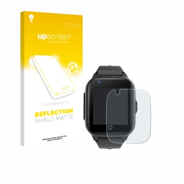 Vorderseite einer Produktverpackung mit dem Markenlogo upscreen. Daneben ist das Gerät Leotec Kids Allo Plus 4G mit dem zugehö