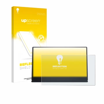 Vorderseite einer Produktverpackung mit dem Markenlogo upscreen. Daneben ist das Gerät Dell P1424H mit dem zugehörigen Display