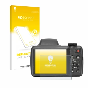 Vorderseite einer Produktverpackung mit dem Markenlogo upscreen. Daneben ist das Gerät Kodak Pixpro AZ528 mit dem zugehörigen 