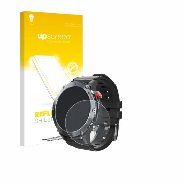 Vorderseite einer Produktverpackung mit dem Markenlogo upscreen. Daneben ist das Gerät Darmowade Smartwatch 1.32