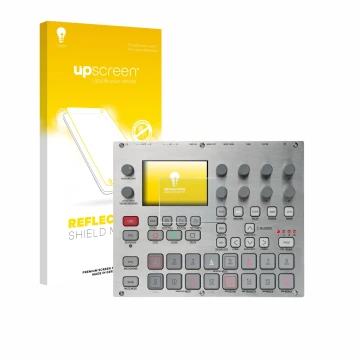 Vorderseite einer Produktverpackung mit dem Markenlogo upscreen. Daneben ist das Gerät Elektron Syntakt E25 Remix Edition mit 