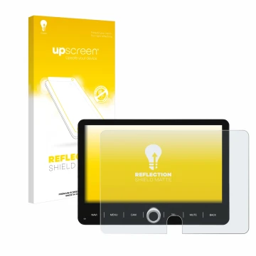 Vorderseite einer Produktverpackung mit dem Markenlogo upscreen. Daneben ist das Gerät Dynavin D9-T5TP mit dem zugehörigen Dis