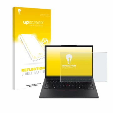 Vorderseite einer Produktverpackung mit dem Markenlogo upscreen. Daneben ist das Gerät Lenovo ThinkPad T14s Gen 5 mit dem zuge