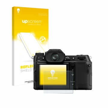 Vorderseite einer Produktverpackung mit dem Markenlogo upscreen. Daneben ist das Gerät Fujifilm GFX100S II mit dem zugehörigen