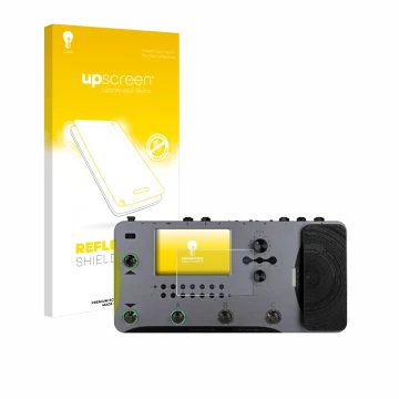 Vorderseite einer Produktverpackung mit dem Markenlogo upscreen. Daneben ist das Gerät Mooer GE1000 mit dem zugehörigen Displa
