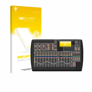 Vorderseite einer Produktverpackung mit dem Markenlogo upscreen. Daneben ist das Gerät Behringer X32 mit dem zugehörigen Displ