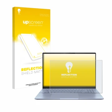 Vorderseite einer Produktverpackung mit dem Markenlogo upscreen. Daneben ist das Gerät ASUS Vivobook S16 OLED S5606 mit dem zu