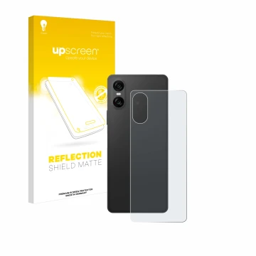 Vorderseite einer Produktverpackung mit dem Markenlogo upscreen. Daneben ist das Gerät Sony Xperia 10 VI (Rückseite) mit dem z