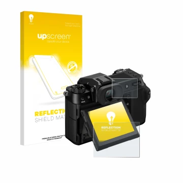 Vorderseite einer Produktverpackung mit dem Markenlogo upscreen. Daneben ist das Gerät Fujifilm GFX100S II (Display + Schulter